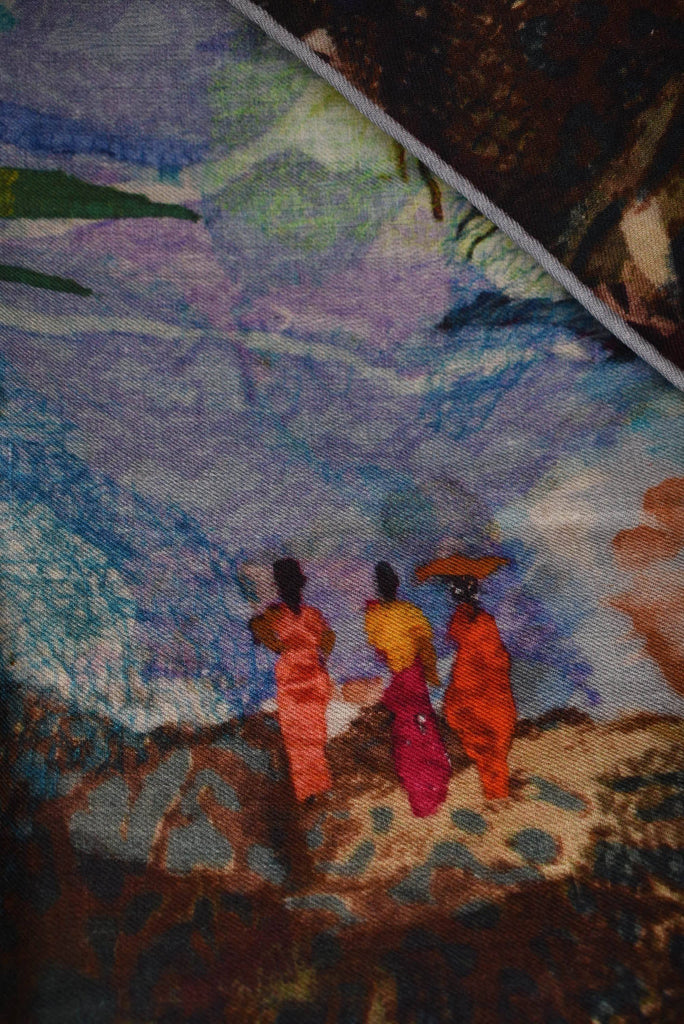 Artist shawl in Pure wool. 70X200 cm.  Print "Mount-sea-Bali" by Nulle Oigaard - Tone Barker Silk