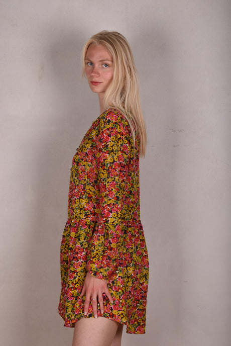 Short dress "Zia" in 100% silk Crepe de Chine. Flower (watercolour) print. Orange - Tone Barker Silk