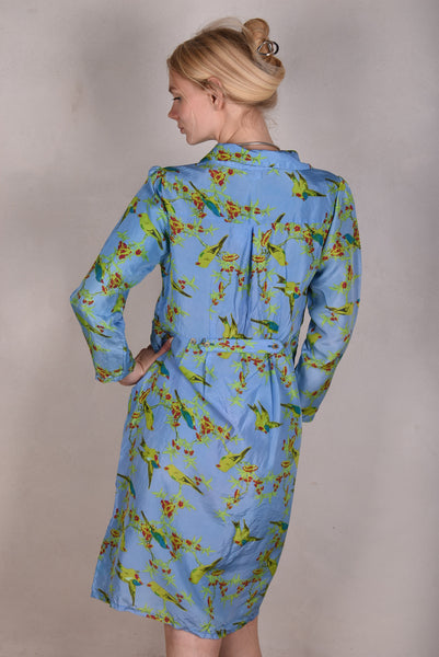 Hennie. Shirt-dress in 100% Habotai silk. Long sleeves "Blue-bird"