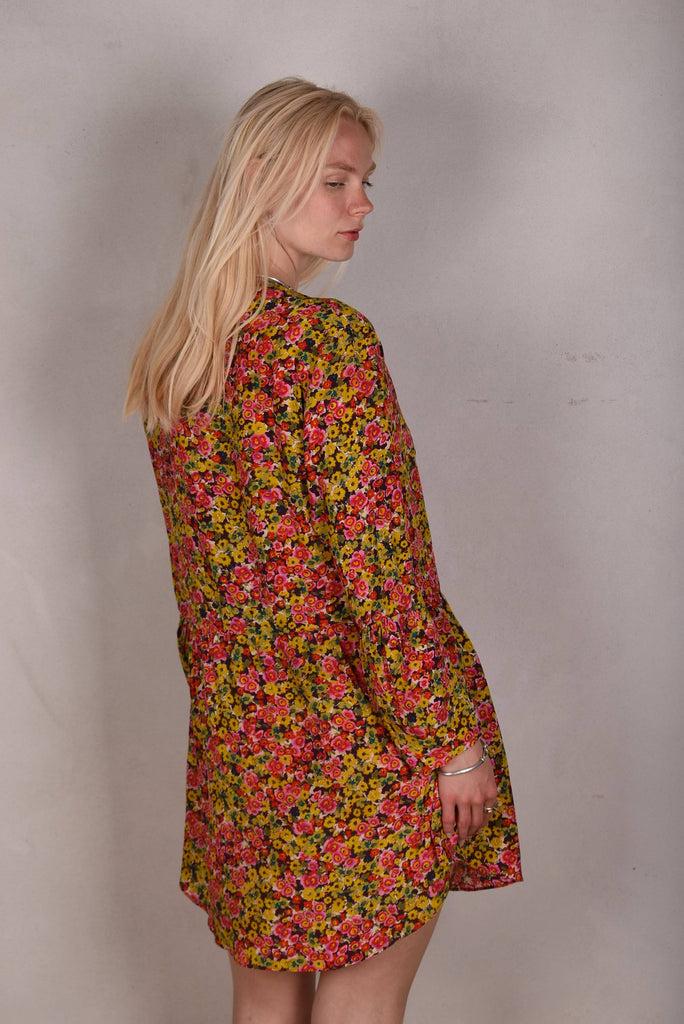 Short dress "Zia" in 100% silk Crepe de Chine. Flower (watercolour) print. Orange - Tone Barker Silk