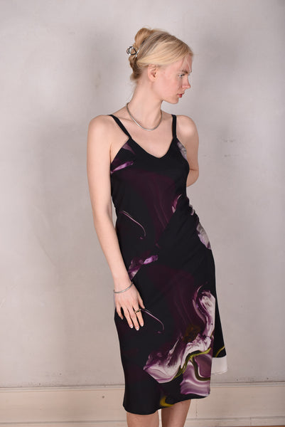 Pallas Midi length , bias cut "slip" dress in  Stretch silk 95% silk/5% elastan "Deflowered"