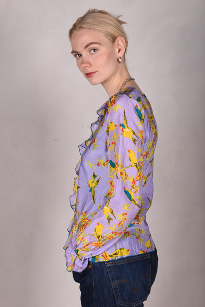 Palma- Habotai. Silk shirt w. long sleeves and frill front "Lilabird"