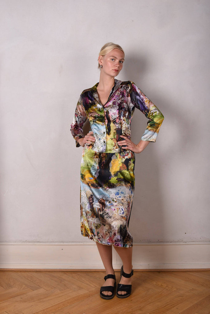 Feodora-print. Silk stretch crepe dress w. adjustable  straps "Val-de-Nulle" - Tone Barker Silk