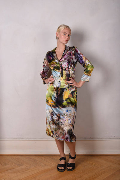 Feodora-print. Silk stretch crepe dress w. adjustable  straps "Val-de-Nulle"