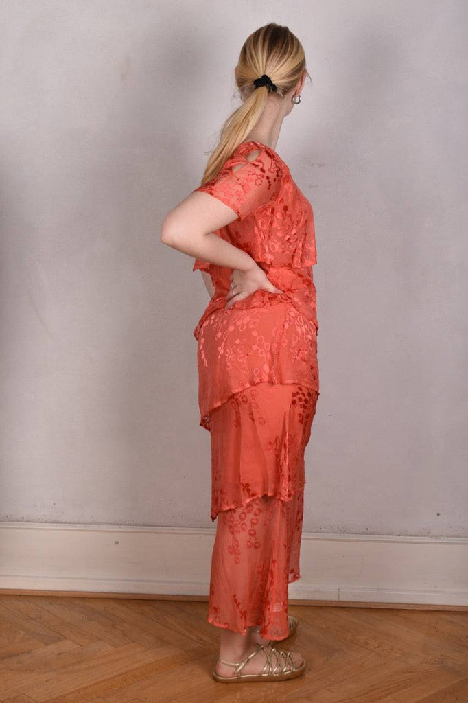 Ann-Frida, Maxi dress in several layers of silk. (Coral Red) - Tone Barker Silk