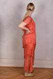 Ann-Frida, Maxi dress in several layers of silk. (Coral Red)