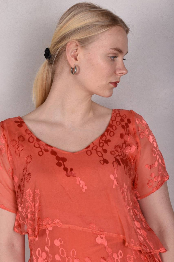 Ann-Frida, Maxi dress in several layers of silk. (Coral Red) - Tone Barker Silk