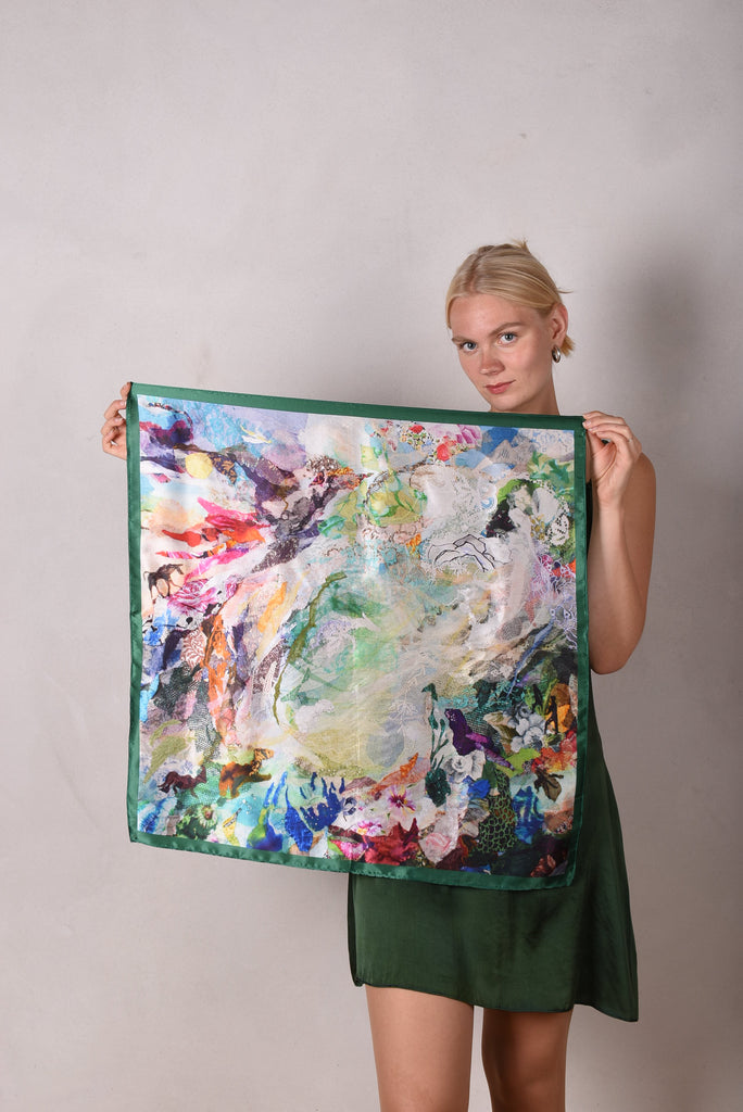 Artist Scarf. Silk Satin 70X70 cm. "Angel, Green"