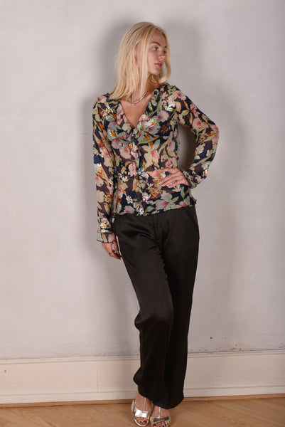 Palma - Silk, devore´ shirt with frill. Print "Ink-bloom"