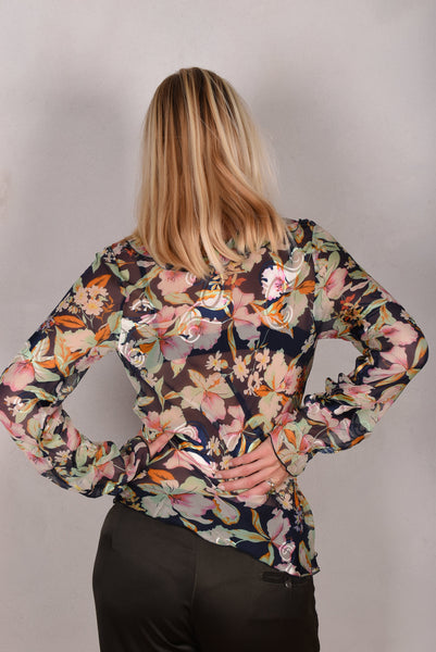 Palma - Silk, devore´ shirt with frill. Print "Ink-bloom"