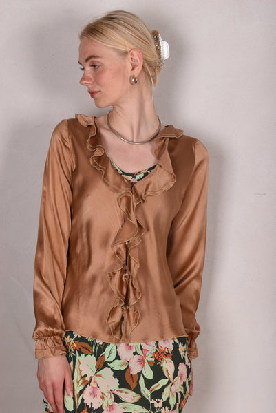 Palma - Silk shirt with frill,  "Copper-Tan"