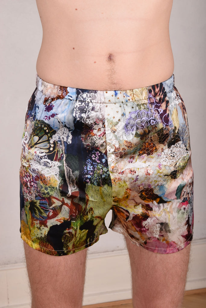 Boxer-Man Stretch silk shorts. print: "Val-de-Nulle"