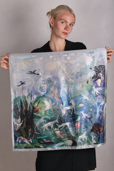 Artist Scarf. Silk Satin 70X70 cm. "Angel, Silver"