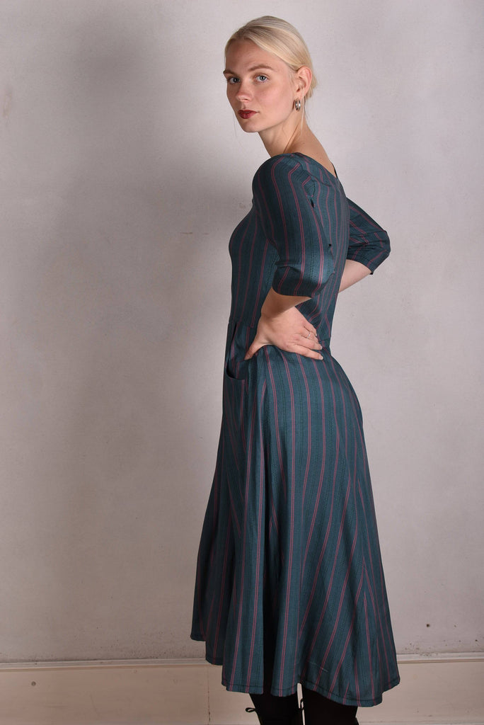 Jane. Stretch Silk midi-length dress with pockets (Summer-Stripe) - Tone Barker Silk