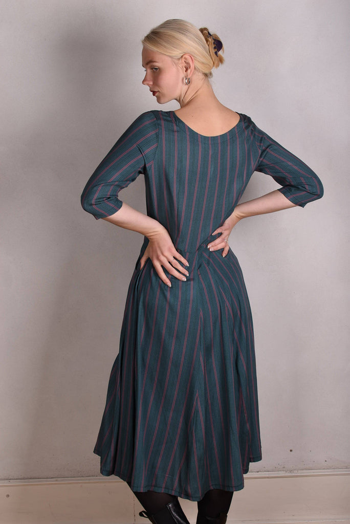 Jane. Stretch Silk midi-length dress with pockets (Summer-Stripe) - Tone Barker Silk