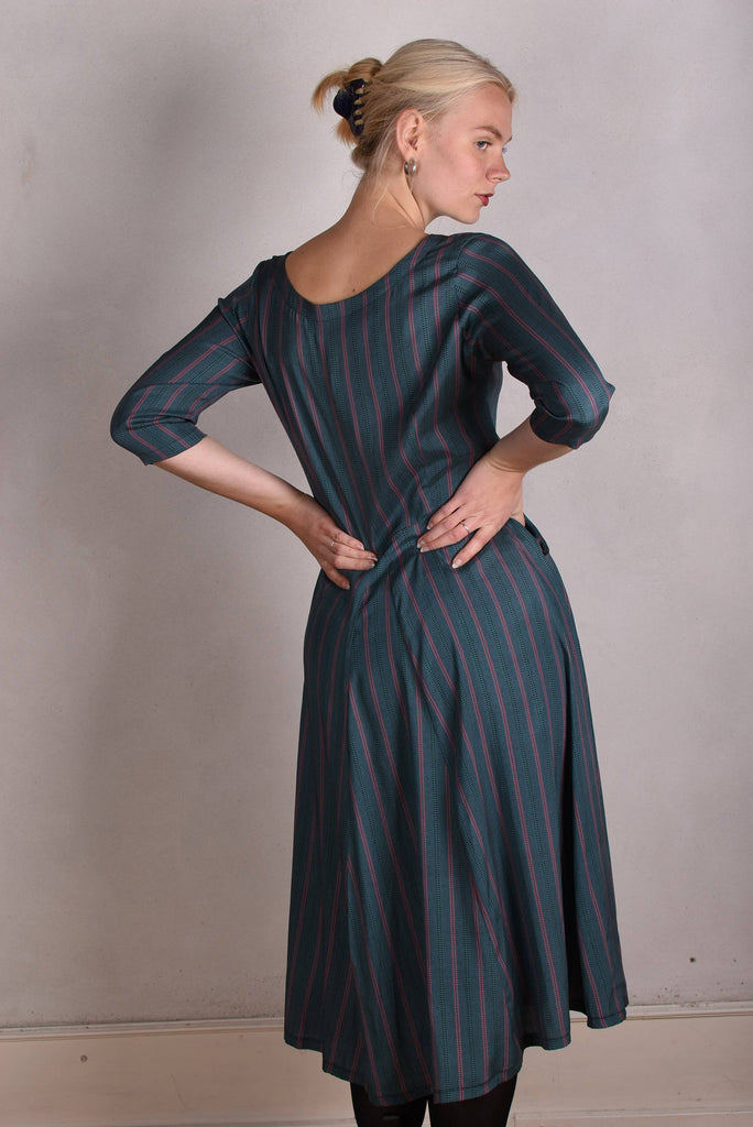 Jane. Stretch Silk midi-length dress with pockets (Summer-Stripe) - Tone Barker Silk
