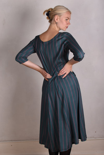 Jane. Stretch Silk midi-length dress with pockets (Summer-Stripe)