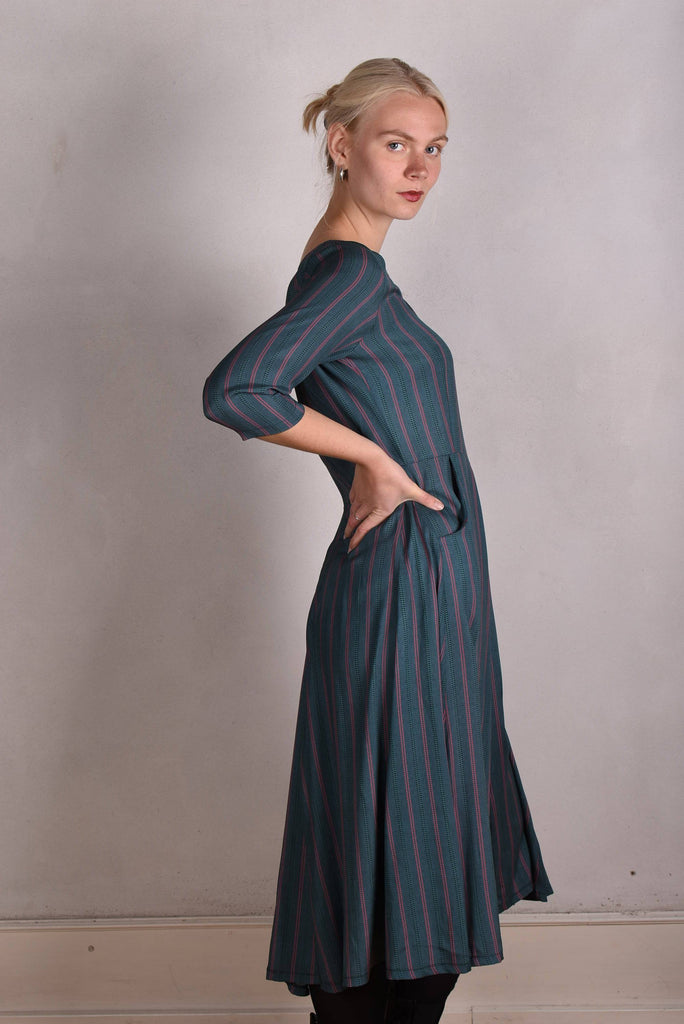 Jane. Stretch Silk midi-length dress with pockets (Summer-Stripe) - Tone Barker Silk