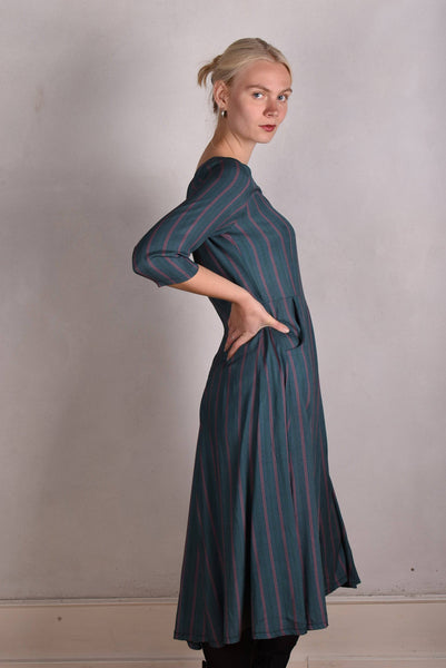Jane. Stretch Silk midi-length dress with pockets (Summer-Stripe)