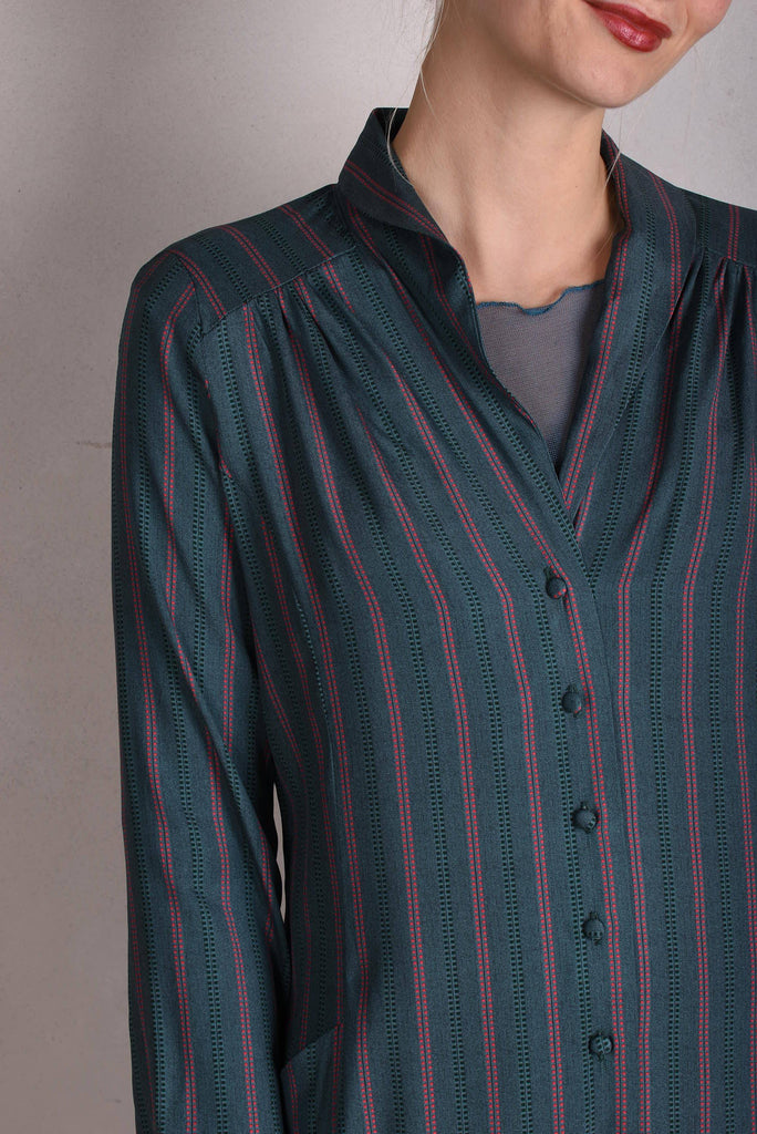 Nifty. Shirt-dress, midi length, with pockets. Stretch crepe-satin silk. "Stripe" - Tone Barker Silk