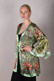 Kimbaliwrap Wrap/Kimono-dress in silk satin devoré. Print "Havana-green"