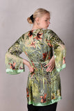 Kimbaliwrap Wrap/Kimono-dress in silk satin devoré. Print 