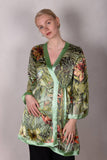 Kimbaliwrap Wrap/Kimono-dress in silk satin devoré. Print "Havana-green"