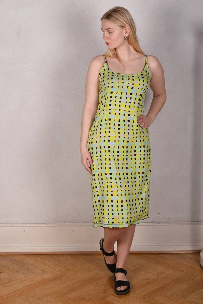 Feodora-print. Silk stretch crepe dress w. adjustable shoulder straps (Basket) - Tone Barker Silk