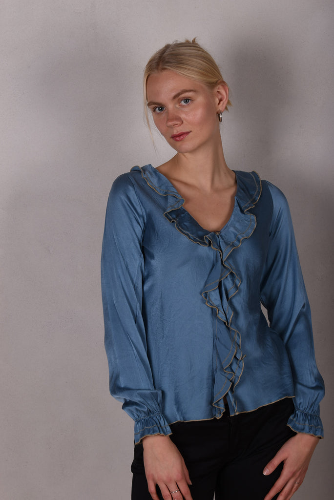 Palma - Silk shirt with frill,  "Blue"