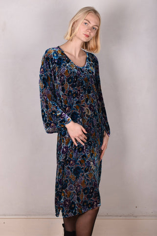 Hidrea-Velvet Kaftan-kjole m. lommer i silk/viscose velour devoré "Flautumn"