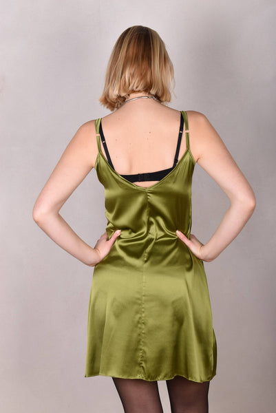 Badie Silk stretch satin slip dress. Col. "Moss Green"