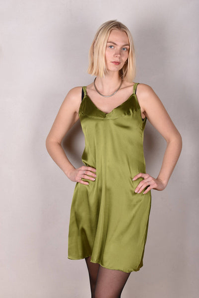 Badie Silk stretch satin slip dress. Col. "Moss Green"