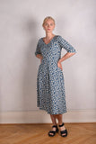 Jane. Stretch Silk midi-length dress with pockets (Bird-in-blue)