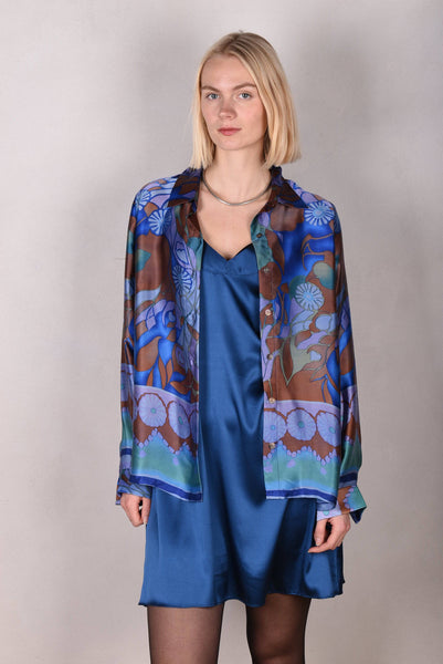 Badie Silk stretch satin slip dress. Col. "True Blue"