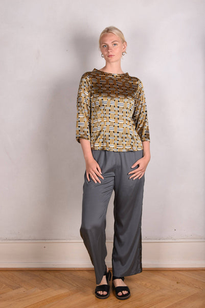 Silk trousers, stretch silk satin. "Tin"