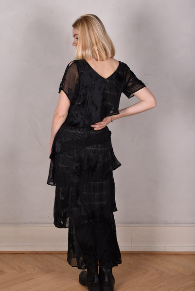 "Ann-Frida" the magic dress. Layers of silk devore on a stretch satin "slip". "Ocean Black"