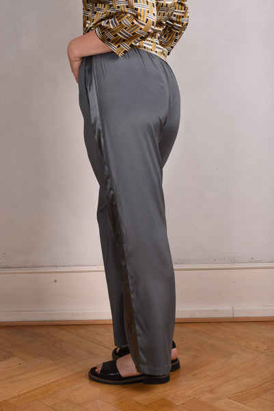 Silk trousers, stretch silk satin. "Tin"
