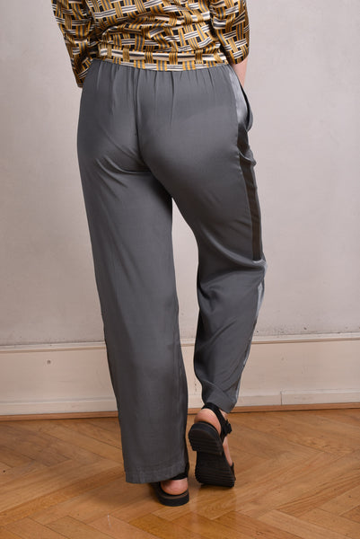 Silk trousers, stretch silk satin. "Tin"