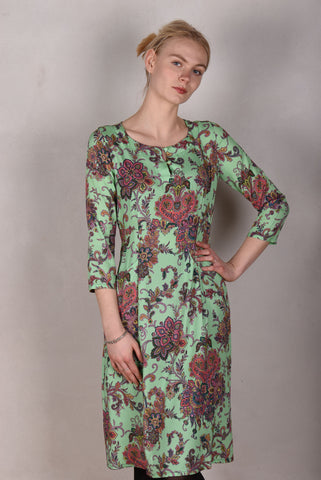 Marinova. Klassisk kjole, med lommer,  i stretch silke. Print "Greensley"