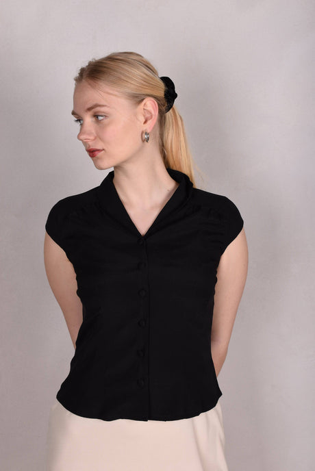 Sif. Short sleeve stretch silk blouse "Black" - Tone Barker Silk