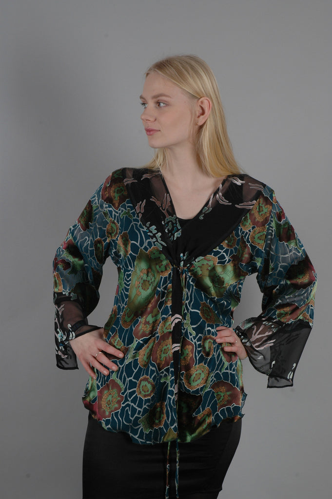 Shirley. Mix print top in silk satin devoré