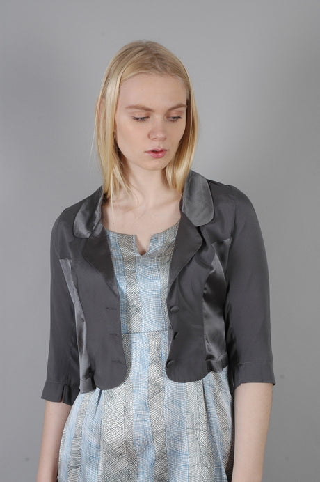 Hattie - short jacket in stretch silk satin, "Tin" - Tone Barker Silk