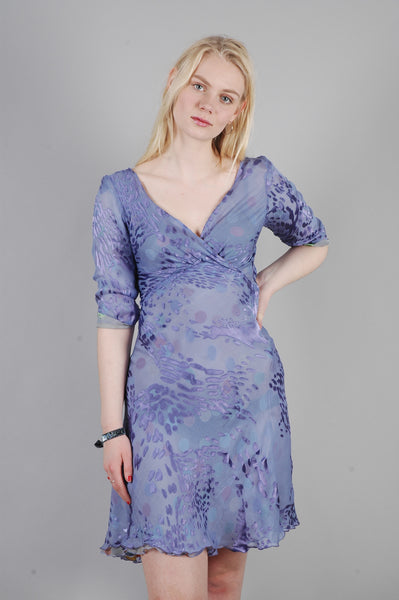 Marge - reversible silk satin devoré dress in print "Grouperdot/Lavendish"