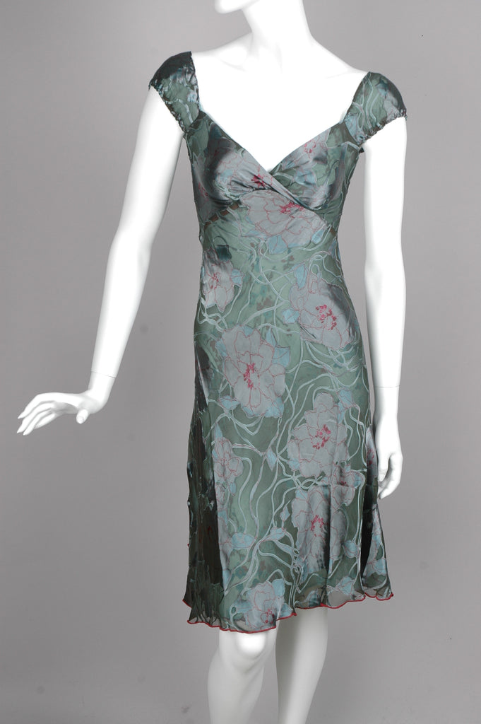 "Margrethe" Reversible dress in two layers of silk devoré. "Netrose/Blossom"