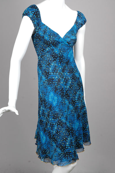 "Margrethe" Reversible dress in two layers of silk devoré. "SoBlue/Fish"