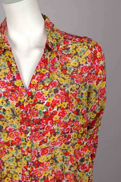 "Henrietta"Long shirt in 100% silk Crepe de Chine, flower (watercolour)print