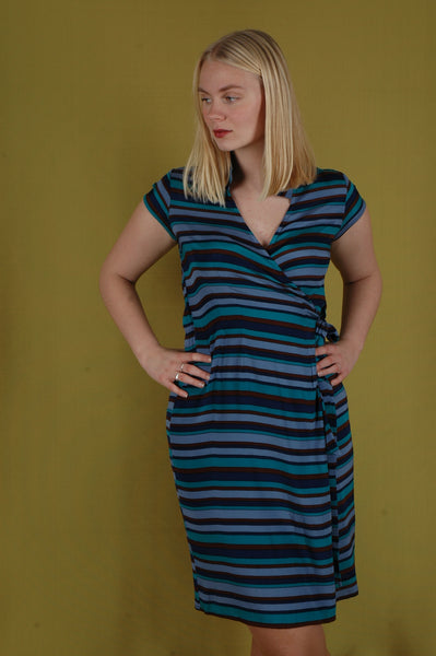 "Ginella" Wrap dress in stretch silk crepe satin. Print "Bripes"