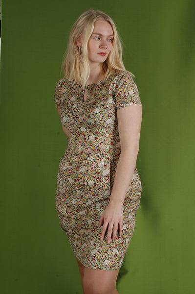 "Maude" Classic dress in stretch silk Crepe-satin. Print "Valley"