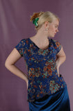 "Tinny" Silk Stretch top w. cap sleeve and cowl neck "Payblue"