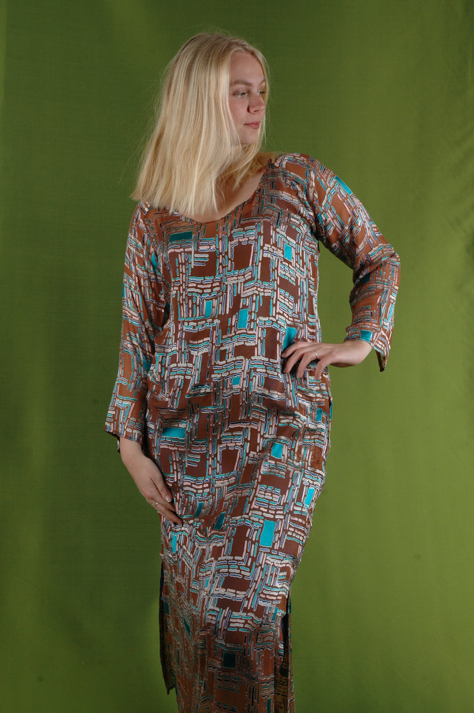 "Indrea" Maxi dress kaftan-style, with pockets. Print "Cheeky"